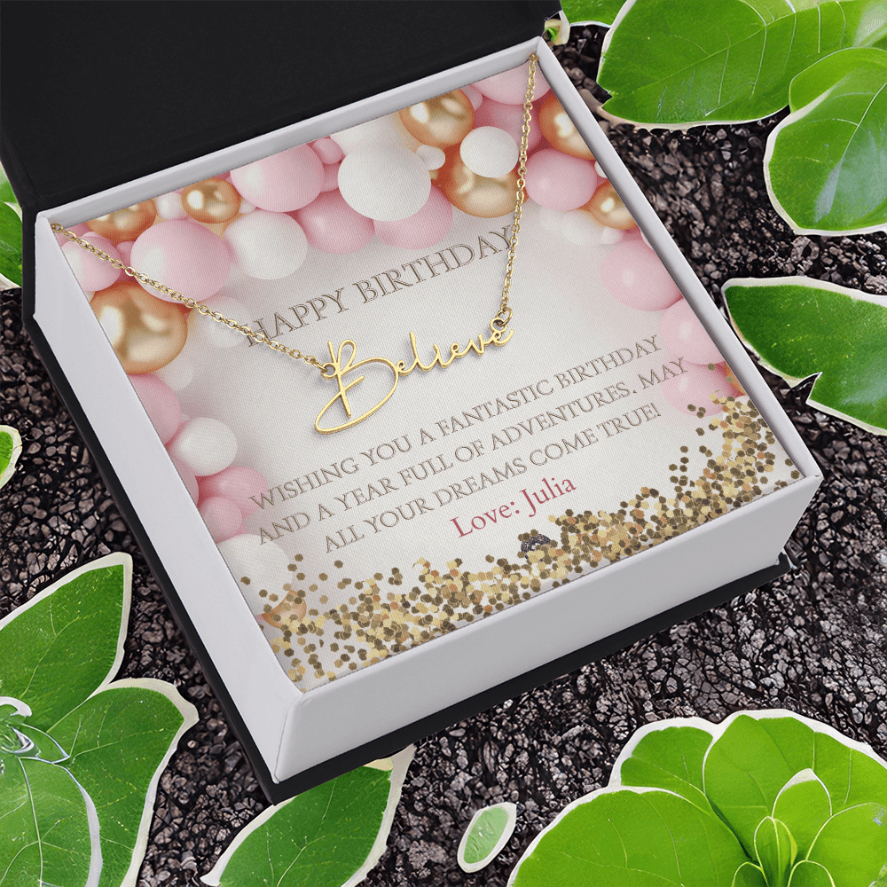 Custom Horizontal Signature Name Necklace: Fantastic Happy Birthday Jewelry 18k Yellow Gold Two Tone Box The Silver Clover & Co.