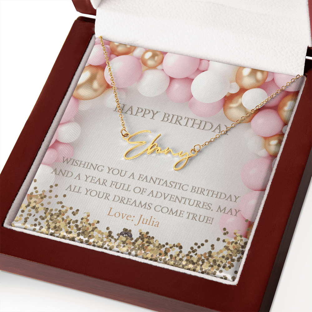 Custom Horizontal Signature Name Necklace: Fantastic Happy Birthday Jewelry 18k Yellow Gold Mahogany Style Luxury Box with LED The Silver Clover & Co.
