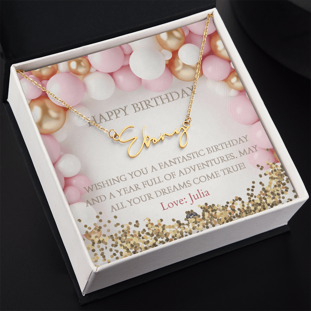 Custom Horizontal Signature Name Necklace: Fantastic Happy Birthday Jewelry 18k Yellow Gold Two Tone Box The Silver Clover & Co.