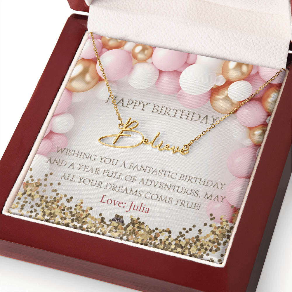 Custom Horizontal Signature Name Necklace: Fantastic Happy Birthday Jewelry 18k Yellow Gold Mahogany Style Luxury Box with LED The Silver Clover & Co.