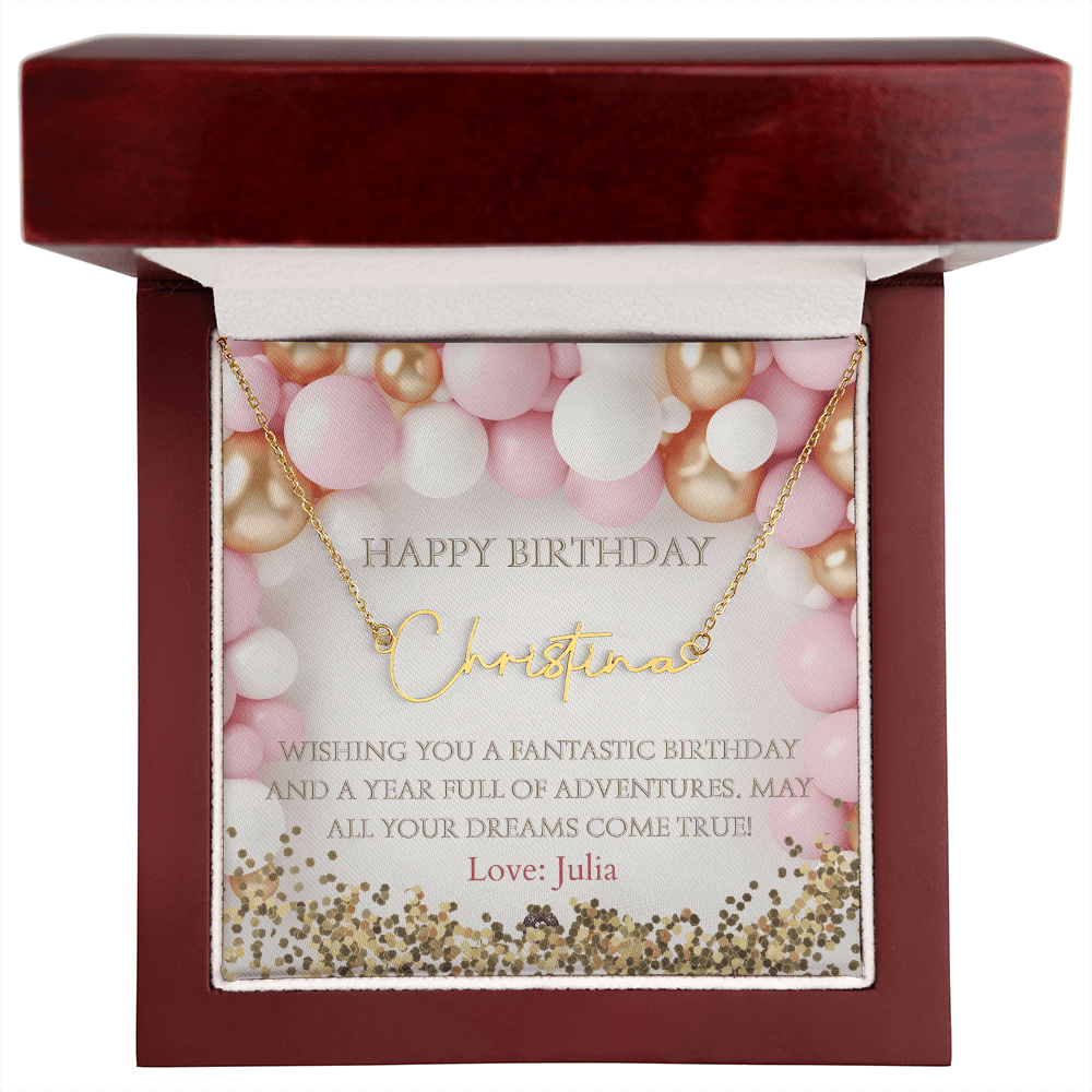 Custom Horizontal Signature Name Necklace: Fantastic Happy Birthday Jewelry 18k Yellow Gold Mahogany Style Luxury Box with LED The Silver Clover & Co.