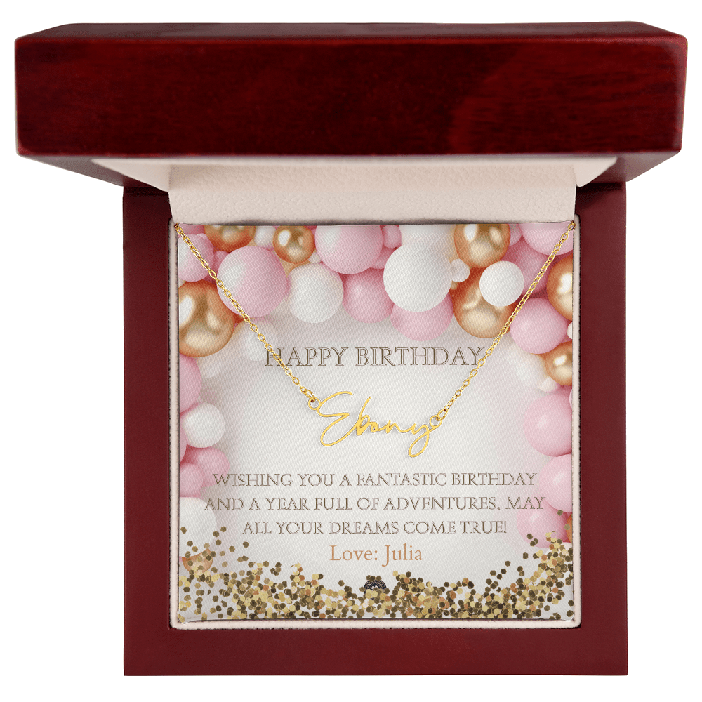 Custom Horizontal Signature Name Necklace: Fantastic Happy Birthday Jewelry 18k Yellow Gold Mahogany Style Luxury Box with LED The Silver Clover & Co.