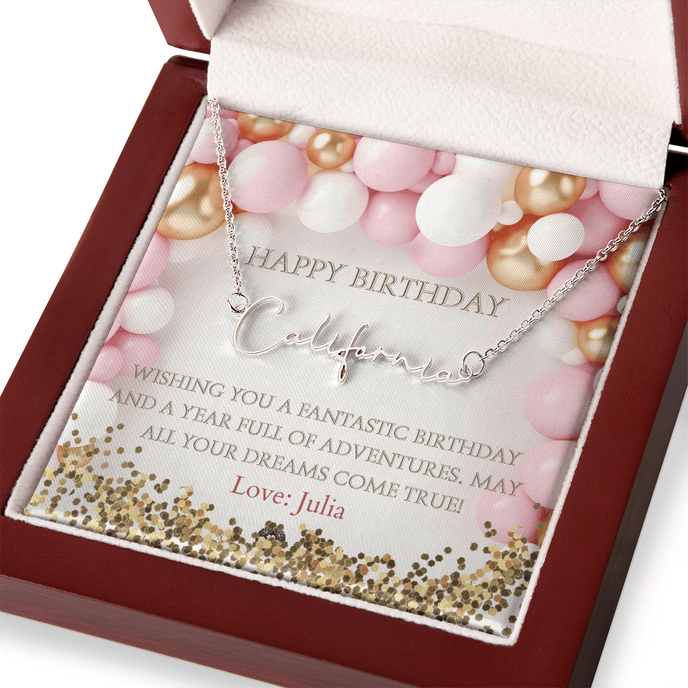 Custom Horizontal Signature Name Necklace: Fantastic Happy Birthday Jewelry Polished Stainless Steel Mahogany Style Luxury Box with LED The Silver Clover & Co.