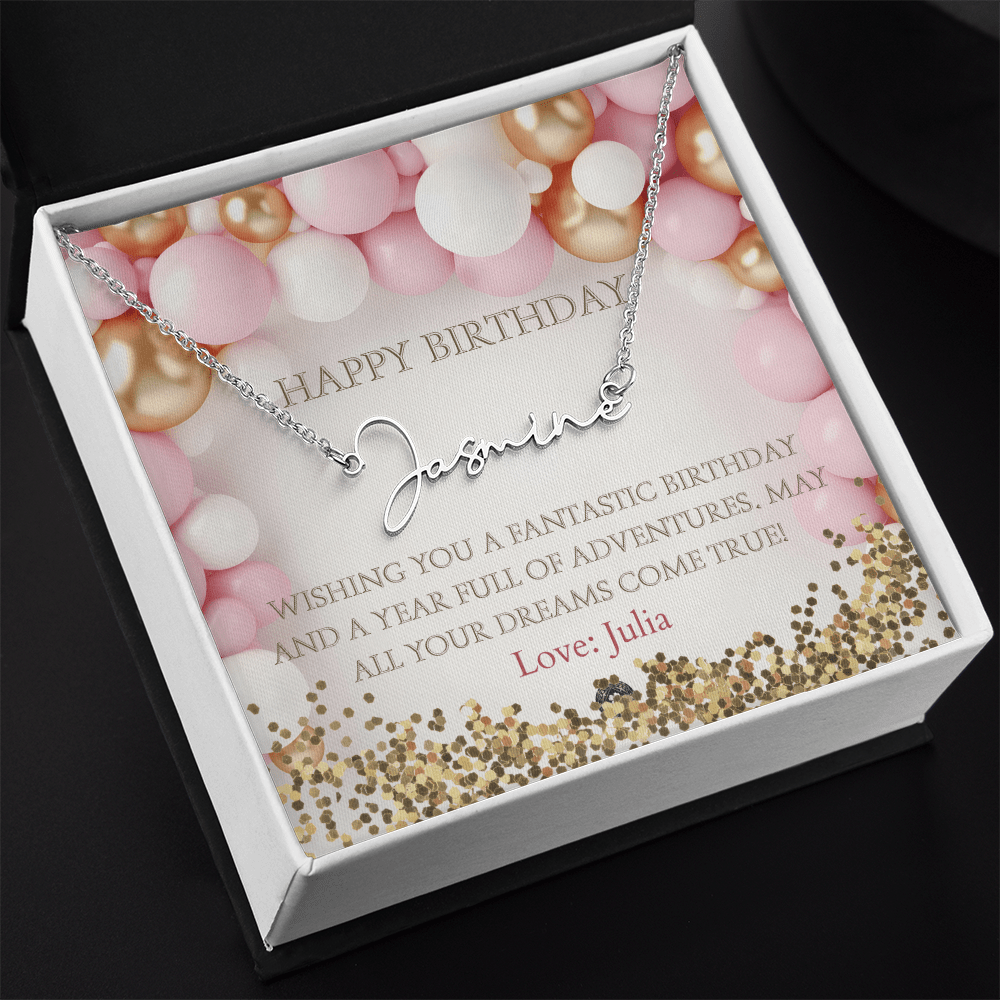 Custom Horizontal Signature Name Necklace: Fantastic Happy Birthday Jewelry Polished Stainless Steel Two Tone Box The Silver Clover & Co.