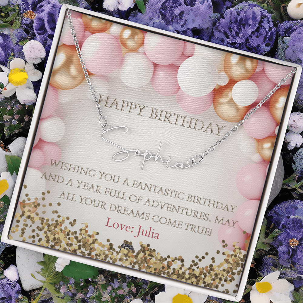 Custom Horizontal Signature Name Necklace: Fantastic Happy Birthday Jewelry Polished Stainless Steel Two Tone Box The Silver Clover & Co.