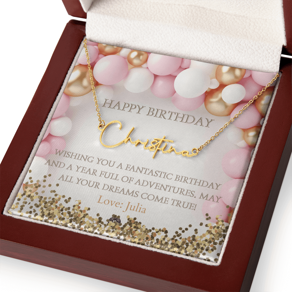 Custom Horizontal Signature Name Necklace: Fantastic Happy Birthday Jewelry 18k Yellow Gold Mahogany Style Luxury Box with LED The Silver Clover & Co.