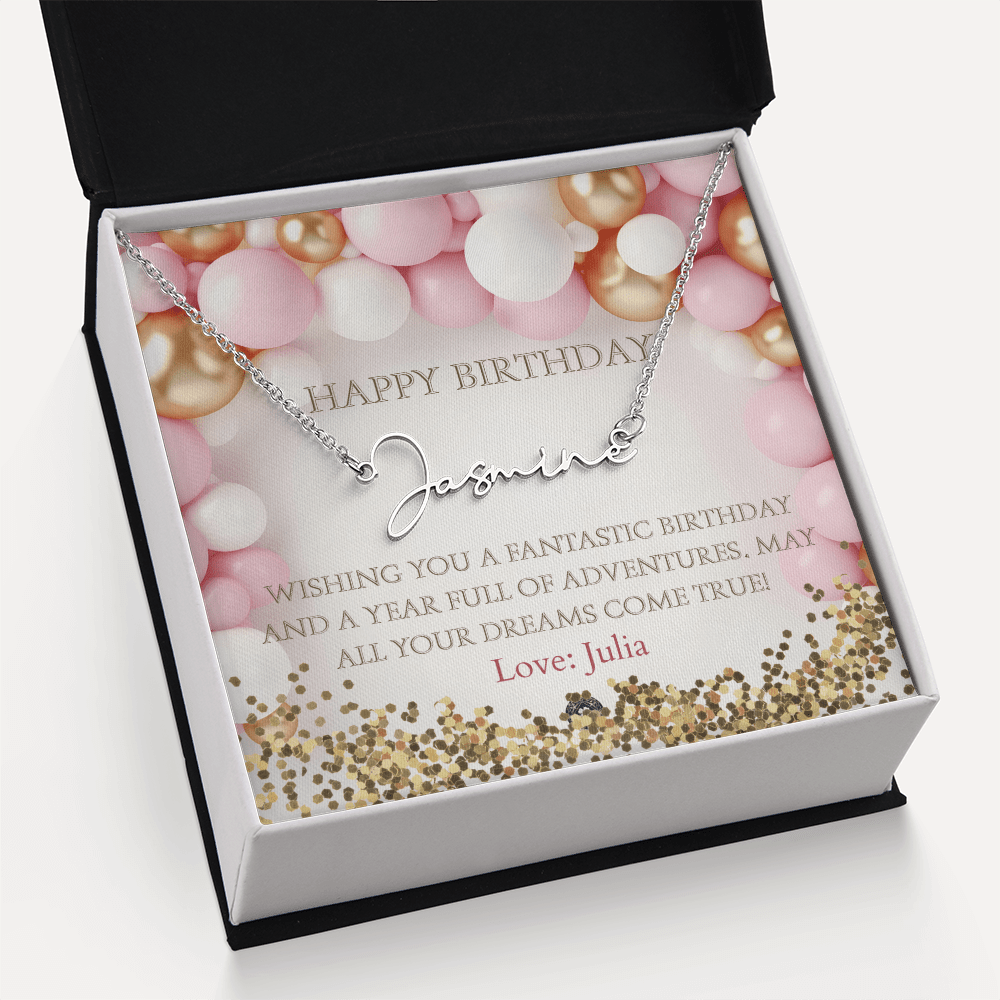 Custom Horizontal Signature Name Necklace: Fantastic Happy Birthday Jewelry Polished Stainless Steel Two Tone Box The Silver Clover & Co.
