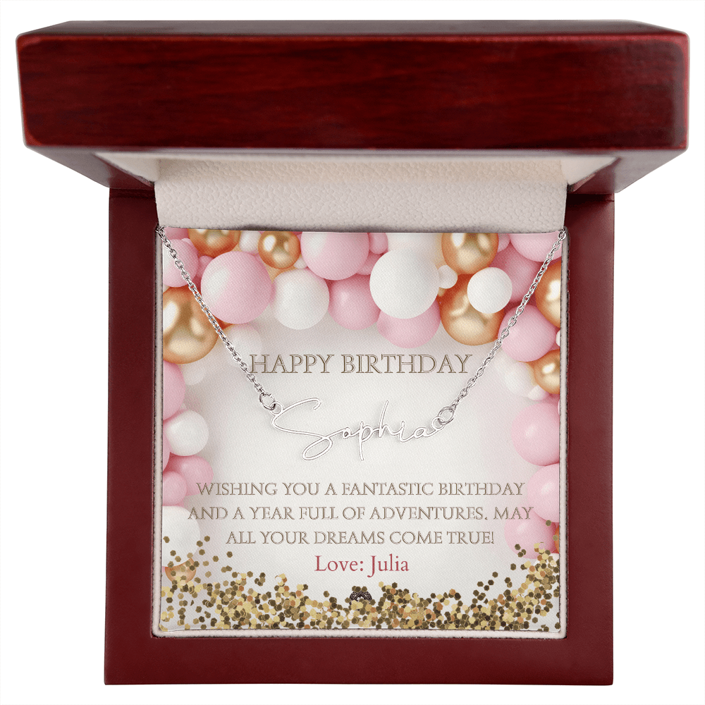 Custom Horizontal Signature Name Necklace: Fantastic Happy Birthday Jewelry Polished Stainless Steel Mahogany Style Luxury Box with LED The Silver Clover & Co.