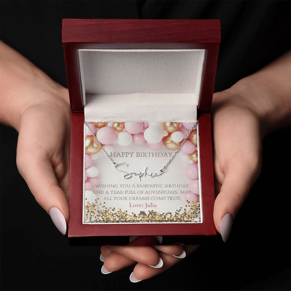 Custom Horizontal Signature Name Necklace: Fantastic Happy Birthday Jewelry Polished Stainless Steel Mahogany Style Luxury Box with LED The Silver Clover & Co.