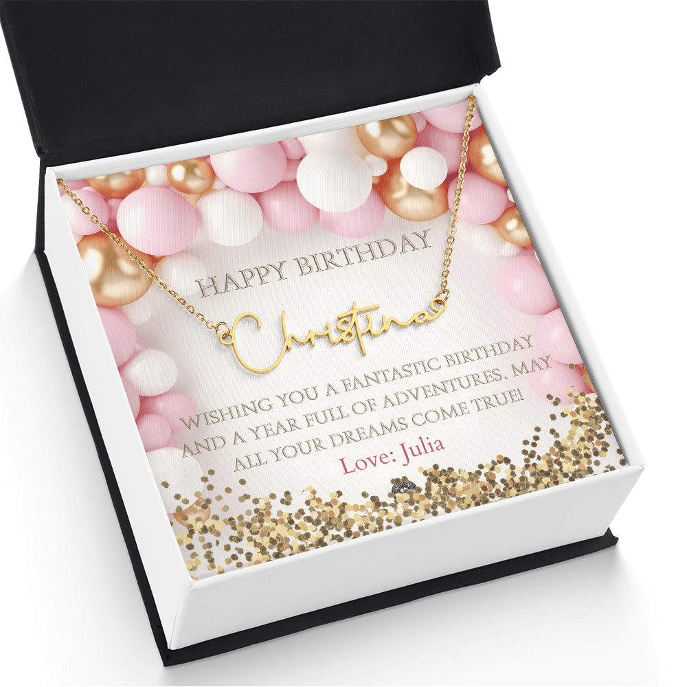 Custom Horizontal Signature Name Necklace: Fantastic Happy Birthday Jewelry 18k Yellow Gold Two Tone Box The Silver Clover & Co.