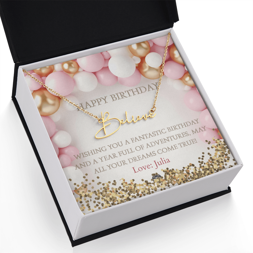 Custom Horizontal Signature Name Necklace: Fantastic Happy Birthday Jewelry 18k Yellow Gold Two Tone Box The Silver Clover & Co.