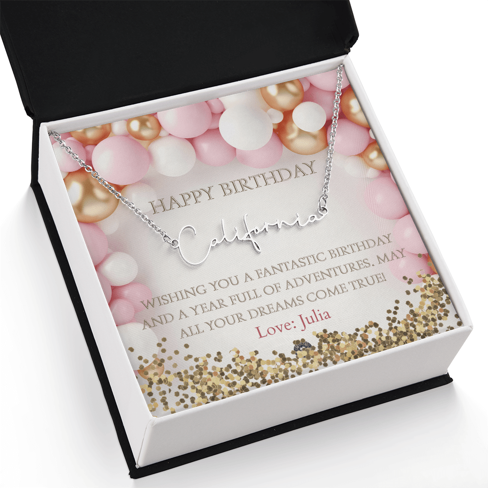 Custom Horizontal Signature Name Necklace: Fantastic Happy Birthday Jewelry Polished Stainless Steel Two Tone Box The Silver Clover & Co.