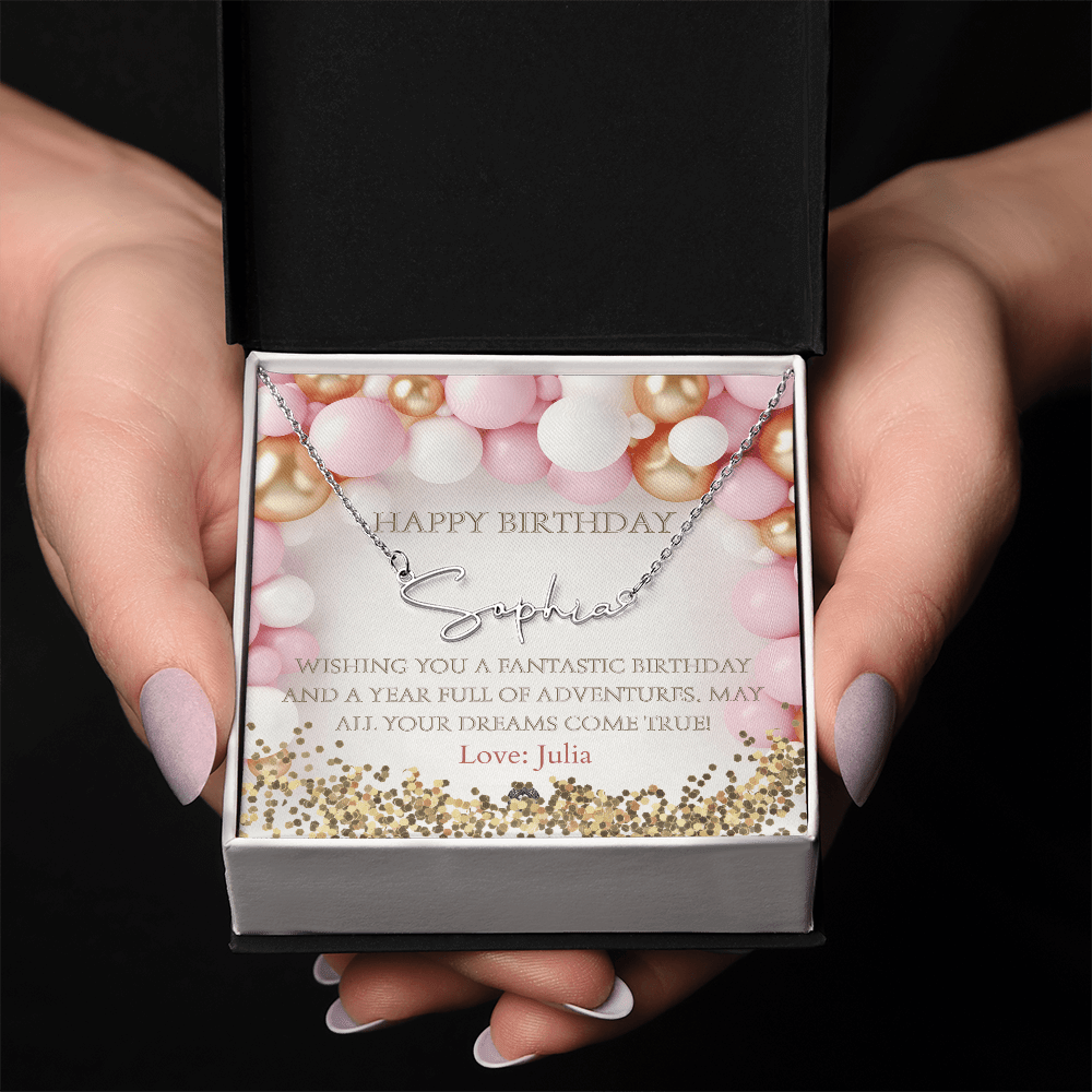 Custom Horizontal Signature Name Necklace: Fantastic Happy Birthday Jewelry Polished Stainless Steel Two Tone Box The Silver Clover & Co.