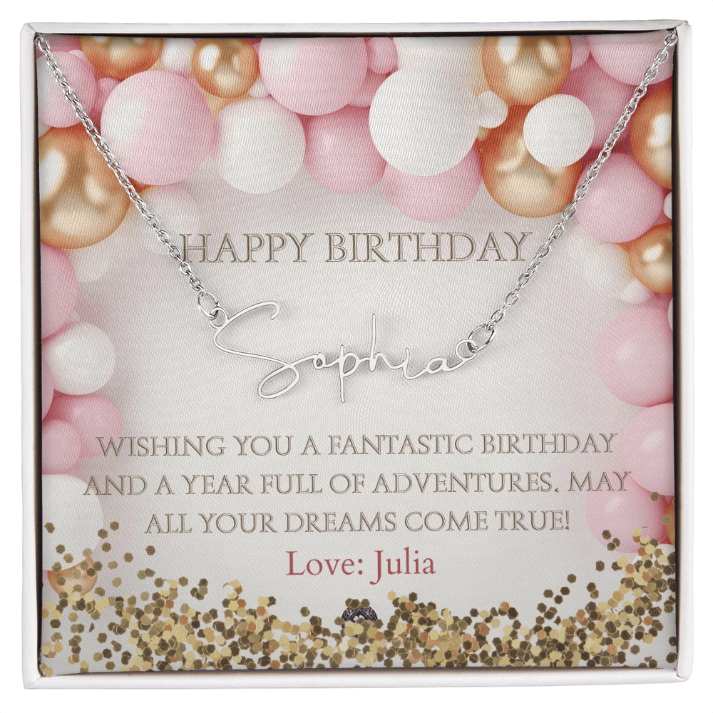 Custom Horizontal Signature Name Necklace: Fantastic Happy Birthday Jewelry Polished Stainless Steel Two Tone Box The Silver Clover & Co.