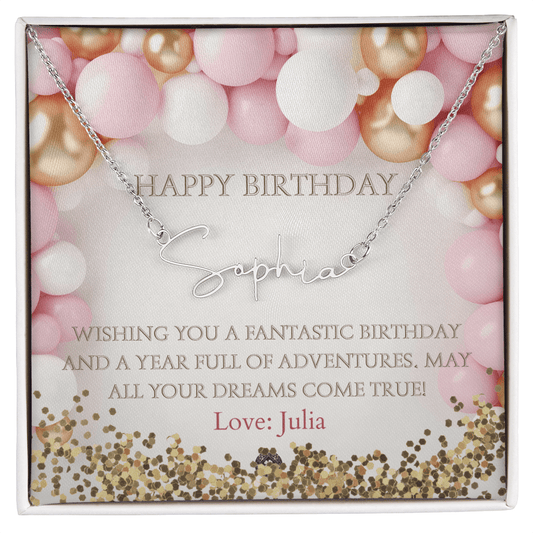 Custom Horizontal Signature Name Necklace: Fantastic Happy Birthday Jewelry Polished Stainless Steel Two Tone Box The Silver Clover & Co.