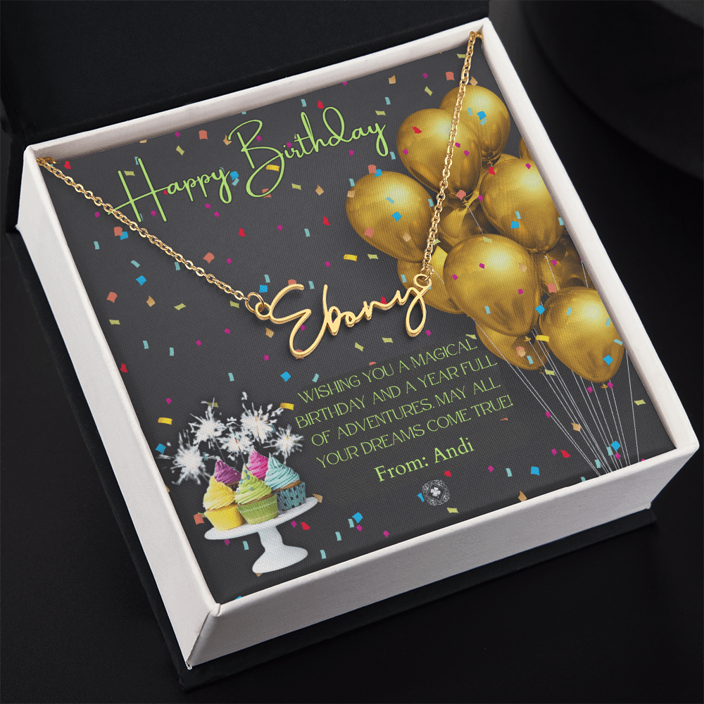 Custom Horizontal Signature Name Necklace: Magical Happy Birthday Jewelry 18k Yellow Gold Two Tone Box The Silver Clover & Co.