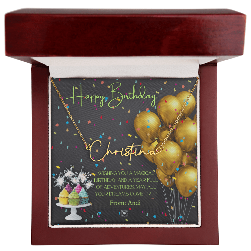 Custom Horizontal Signature Name Necklace: Magical Happy Birthday Jewelry 18k Yellow Gold Mahogany Style Luxury Box with LED The Silver Clover & Co.