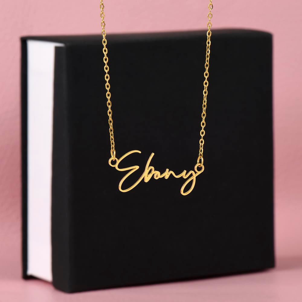 Custom Horizontal Signature Name Necklace: Magical Happy Birthday Jewelry 18k Yellow Gold Two Tone Box The Silver Clover & Co.