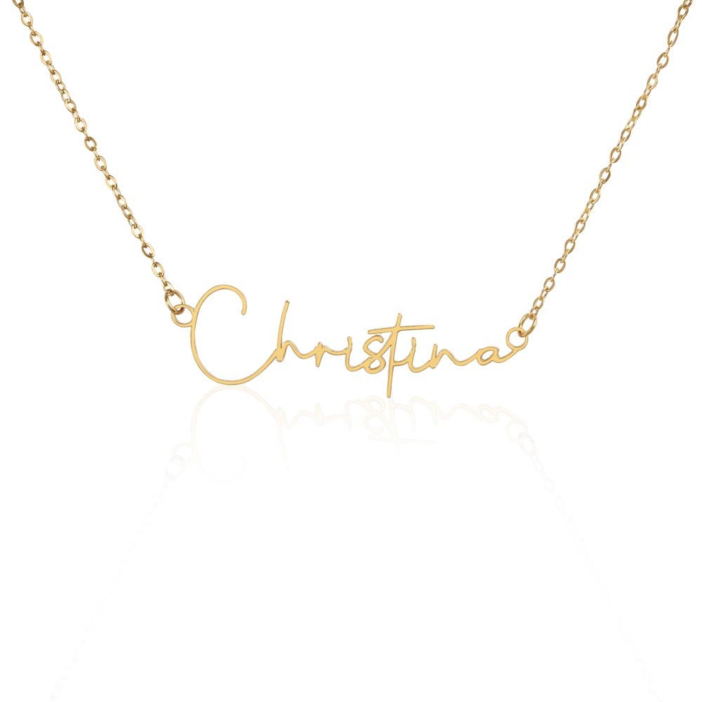 Custom Horizontal Signature Name Necklace: Magical Happy Birthday Jewelry 18k Yellow Gold Two Tone Box The Silver Clover & Co.