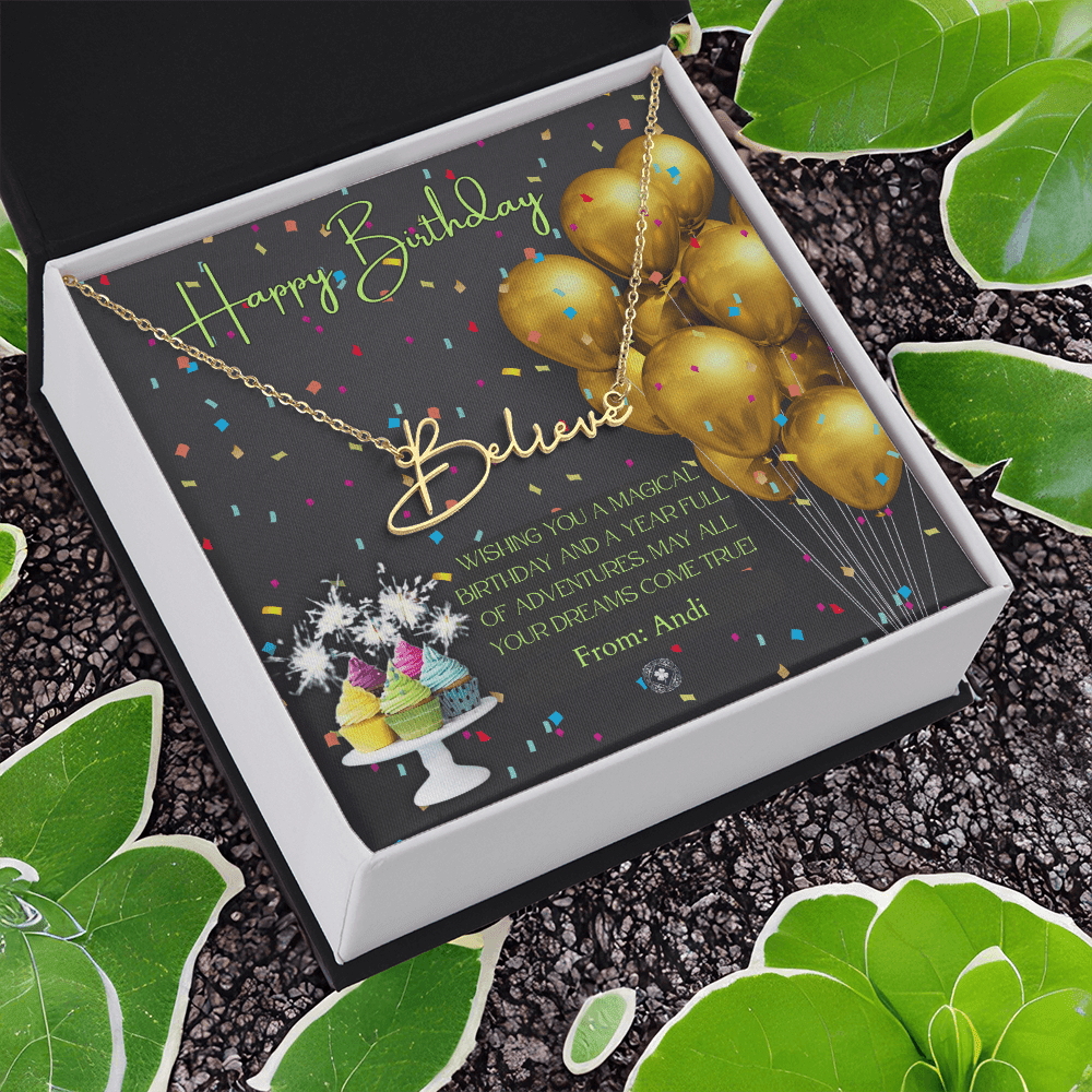 Custom Horizontal Signature Name Necklace: Magical Happy Birthday Jewelry 18k Yellow Gold Two Tone Box The Silver Clover & Co.