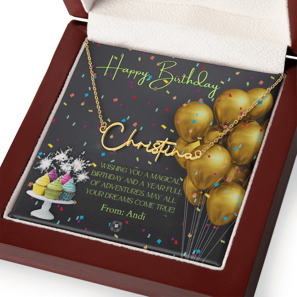 Custom Horizontal Signature Name Necklace: Magical Happy Birthday Jewelry 18k Yellow Gold Mahogany Style Luxury Box with LED The Silver Clover & Co.