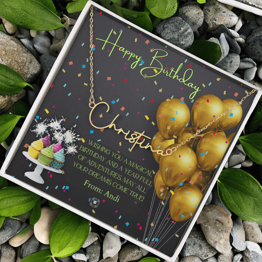 Custom Horizontal Signature Name Necklace: Magical Happy Birthday Jewelry 18k Yellow Gold Two Tone Box The Silver Clover & Co.