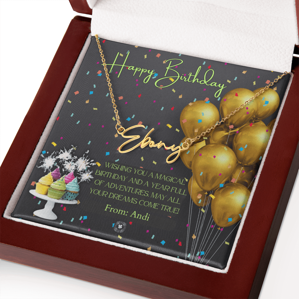 Custom Horizontal Signature Name Necklace: Magical Happy Birthday Jewelry 18k Yellow Gold Mahogany Style Luxury Box with LED The Silver Clover & Co.