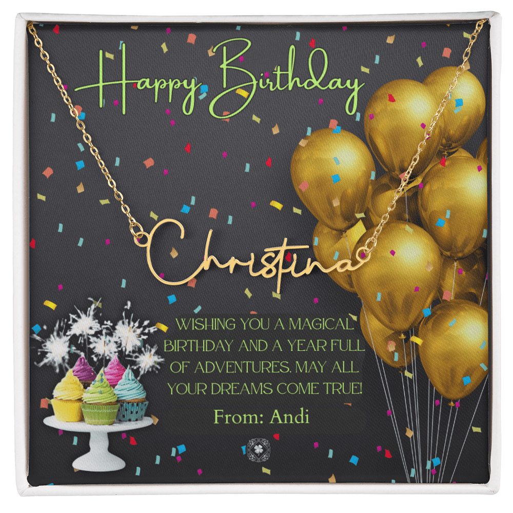 Custom Horizontal Signature Name Necklace: Magical Happy Birthday Jewelry 18k Yellow Gold Two Tone Box The Silver Clover & Co.