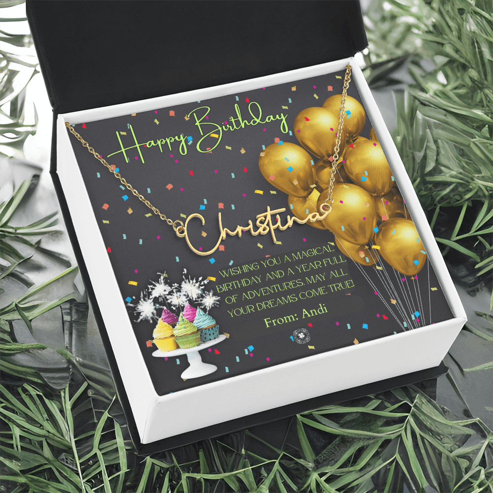 Custom Horizontal Signature Name Necklace: Magical Happy Birthday Jewelry 18k Yellow Gold Two Tone Box The Silver Clover & Co.