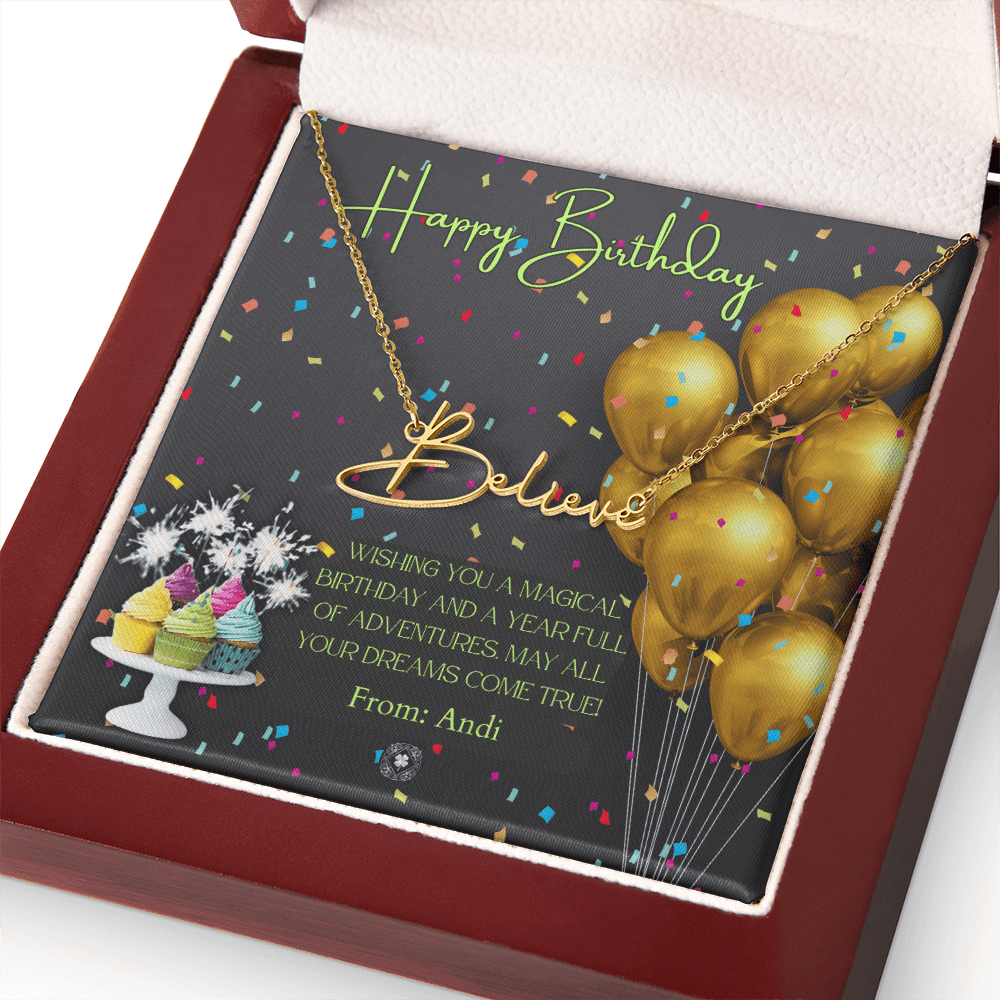 Custom Horizontal Signature Name Necklace: Magical Happy Birthday Jewelry 18k Yellow Gold Mahogany Style Luxury Box with LED The Silver Clover & Co.