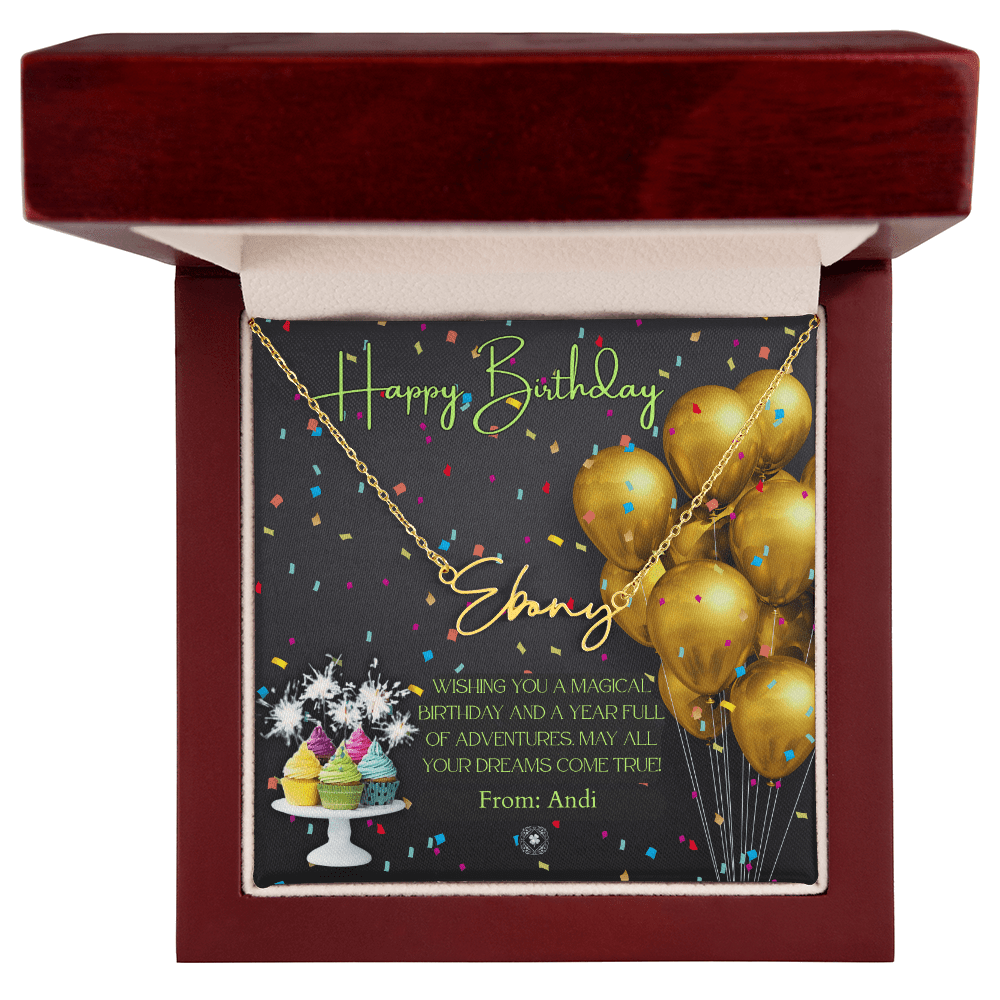 Custom Horizontal Signature Name Necklace: Magical Happy Birthday Jewelry 18k Yellow Gold Mahogany Style Luxury Box with LED The Silver Clover & Co.