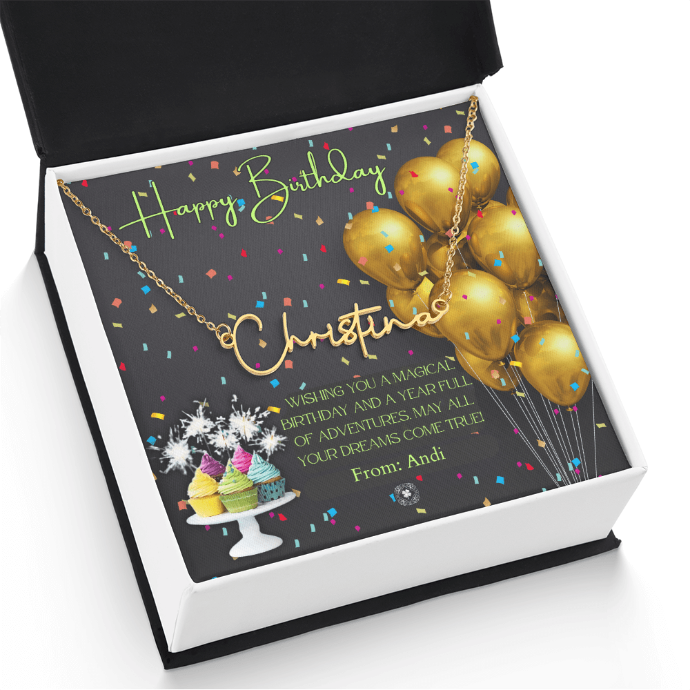 Custom Horizontal Signature Name Necklace: Magical Happy Birthday Jewelry 18k Yellow Gold Two Tone Box The Silver Clover & Co.