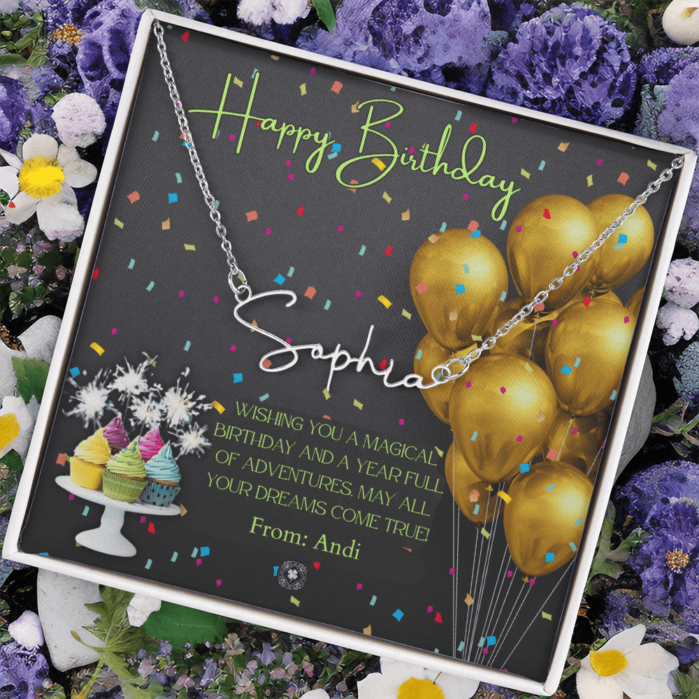 Custom Horizontal Signature Name Necklace: Magical Happy Birthday Jewelry Polished Silver Steel Two Tone Box The Silver Clover & Co.