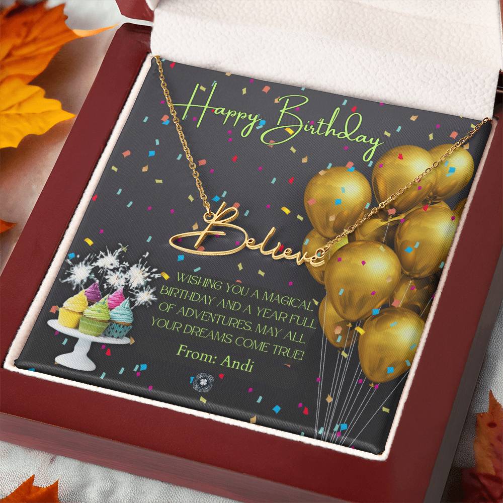 Custom Horizontal Signature Name Necklace: Magical Happy Birthday Jewelry 18k Yellow Gold Mahogany Style Luxury Box with LED The Silver Clover & Co.