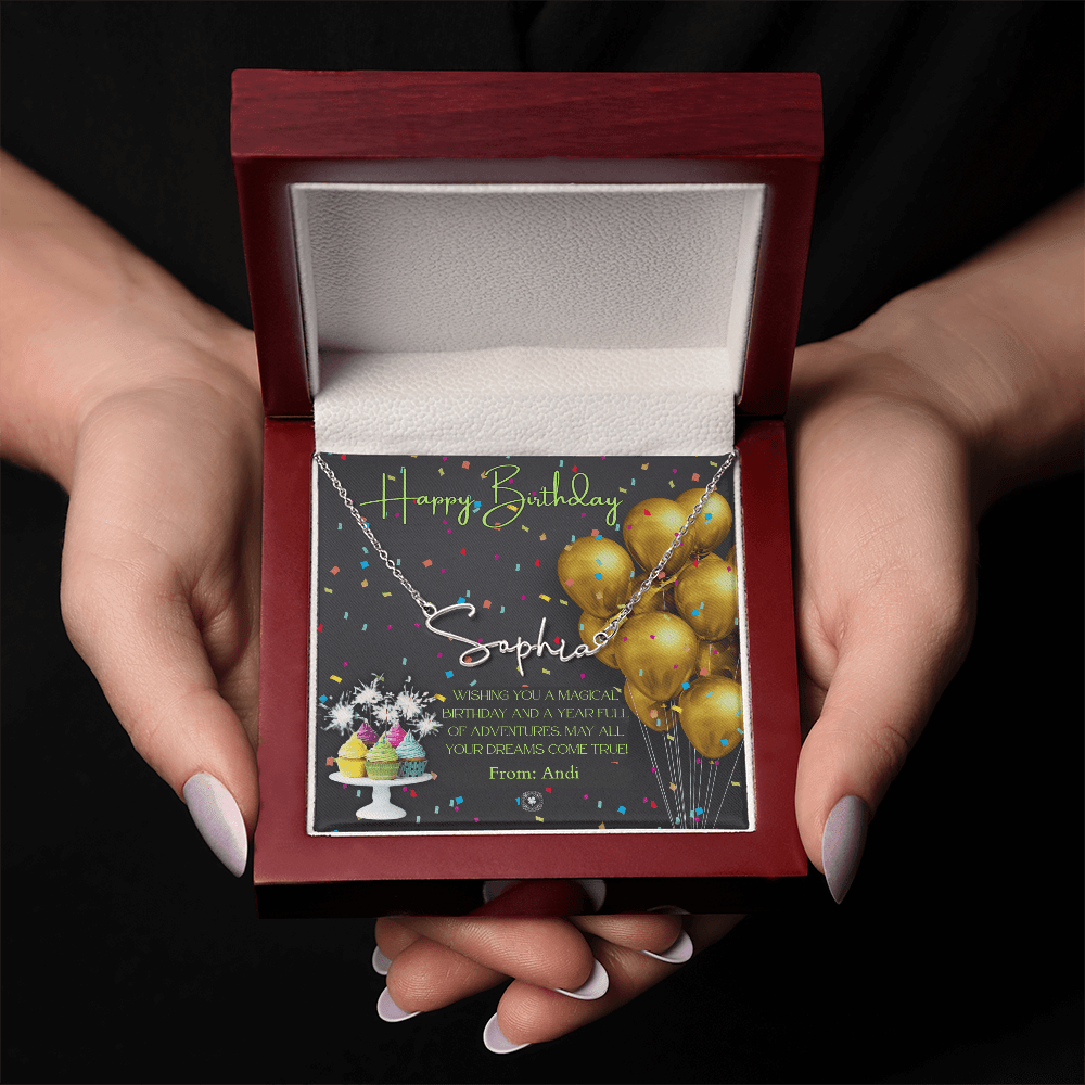 Custom Horizontal Signature Name Necklace: Magical Happy Birthday Jewelry Polished Silver Steel Mahogany Style Luxury Box with LED The Silver Clover & Co.