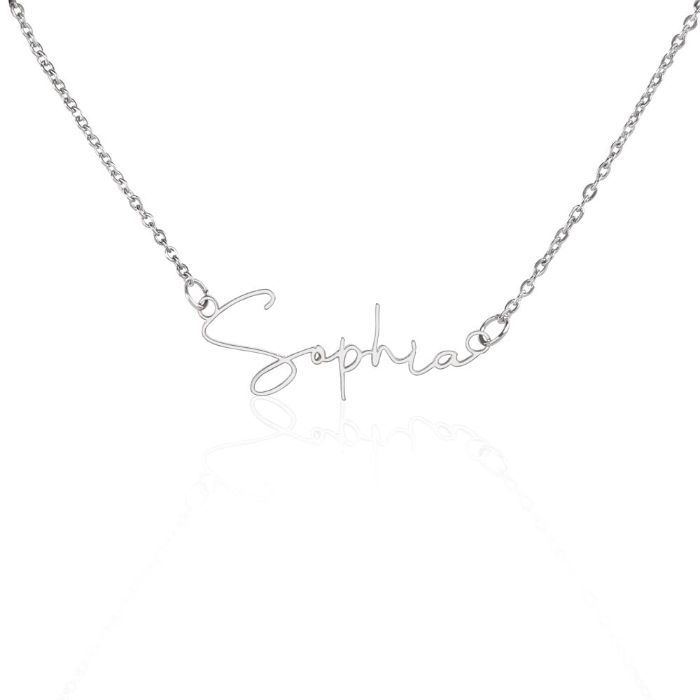 Custom Horizontal Signature Name Necklace: Magical Happy Birthday Jewelry Polished Silver Steel Two Tone Box The Silver Clover & Co.