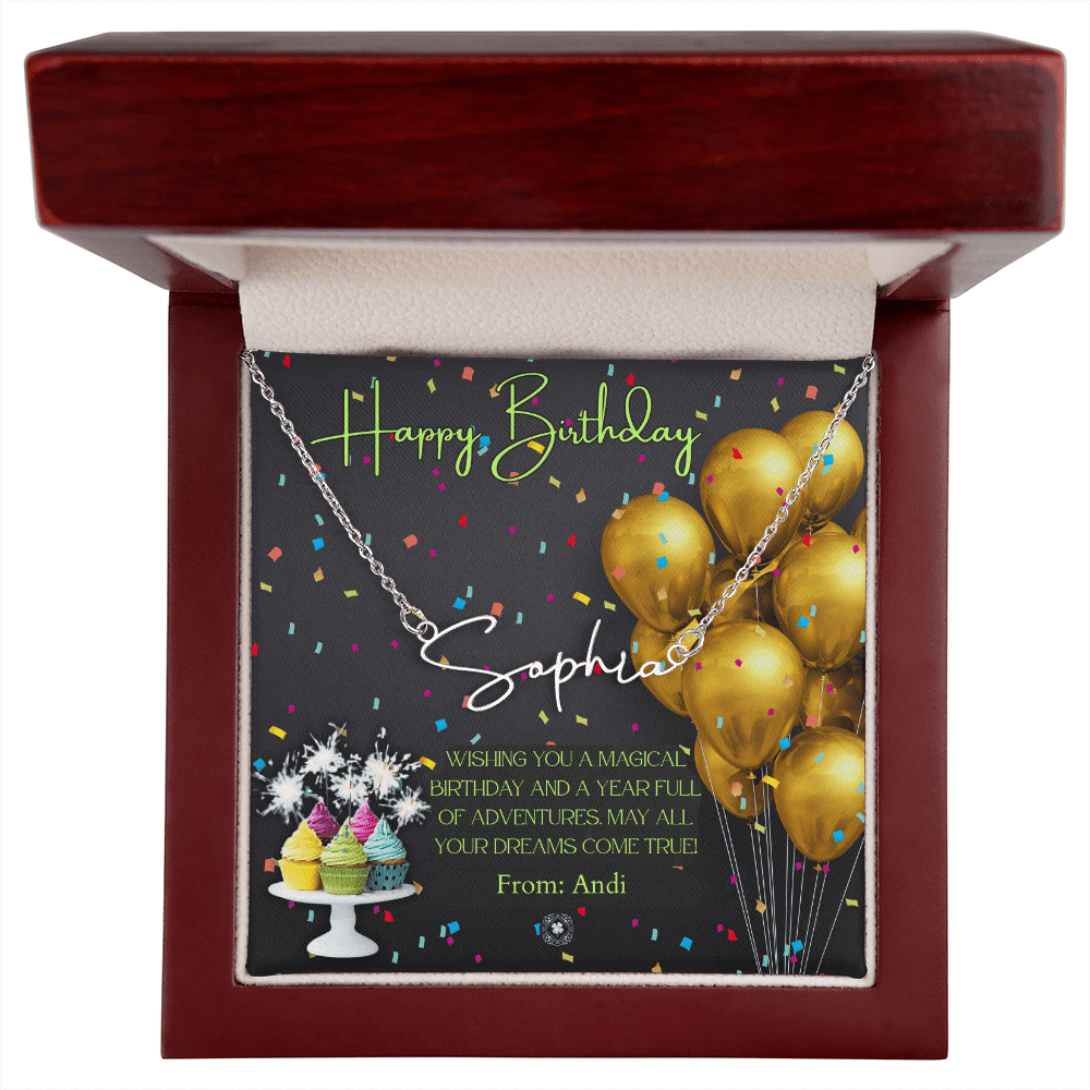 Custom Horizontal Signature Name Necklace: Magical Happy Birthday Jewelry Polished Silver Steel Mahogany Style Luxury Box with LED The Silver Clover & Co.