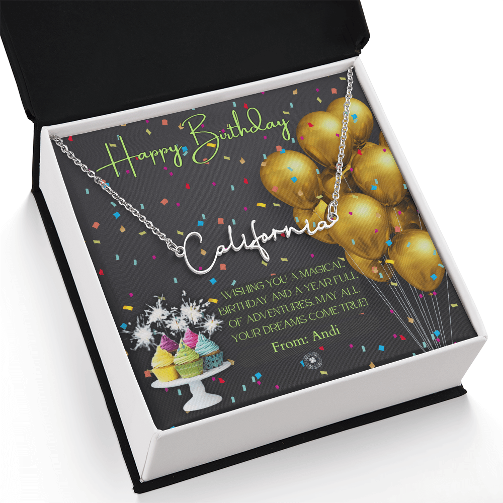 Custom Horizontal Signature Name Necklace: Magical Happy Birthday Jewelry Polished Silver Steel Two Tone Box The Silver Clover & Co.