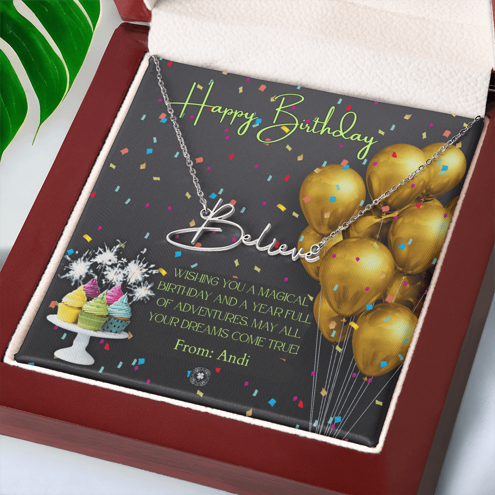 Custom Horizontal Signature Name Necklace: Magical Happy Birthday Jewelry Polished Silver Steel Mahogany Style Luxury Box with LED The Silver Clover & Co.