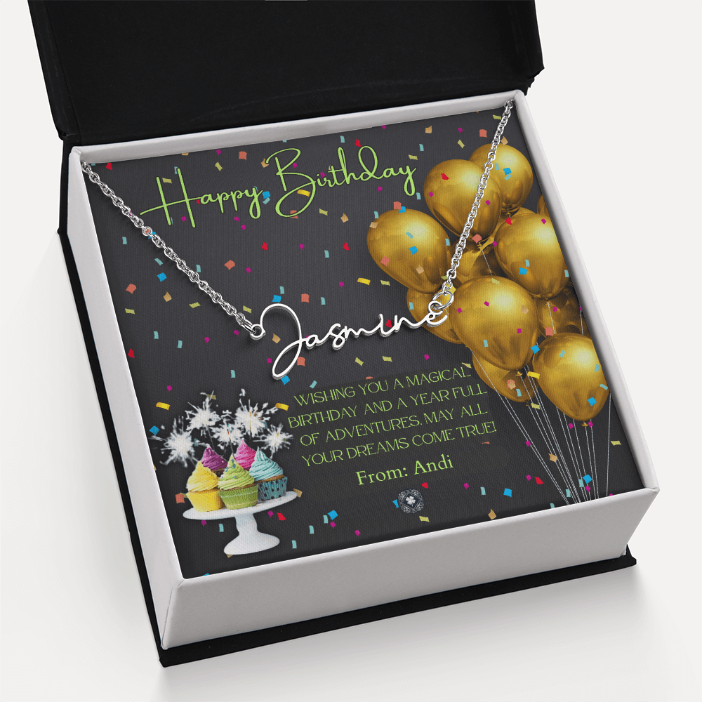 Custom Horizontal Signature Name Necklace: Magical Happy Birthday Jewelry Polished Silver Steel Two Tone Box The Silver Clover & Co.