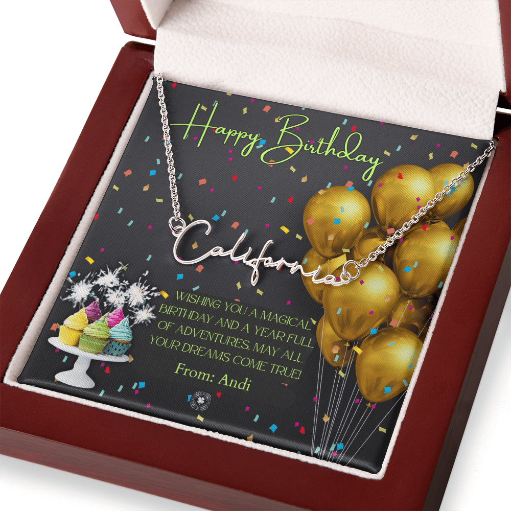 Custom Horizontal Signature Name Necklace: Magical Happy Birthday Jewelry Polished Silver Steel Mahogany Style Luxury Box with LED The Silver Clover & Co.