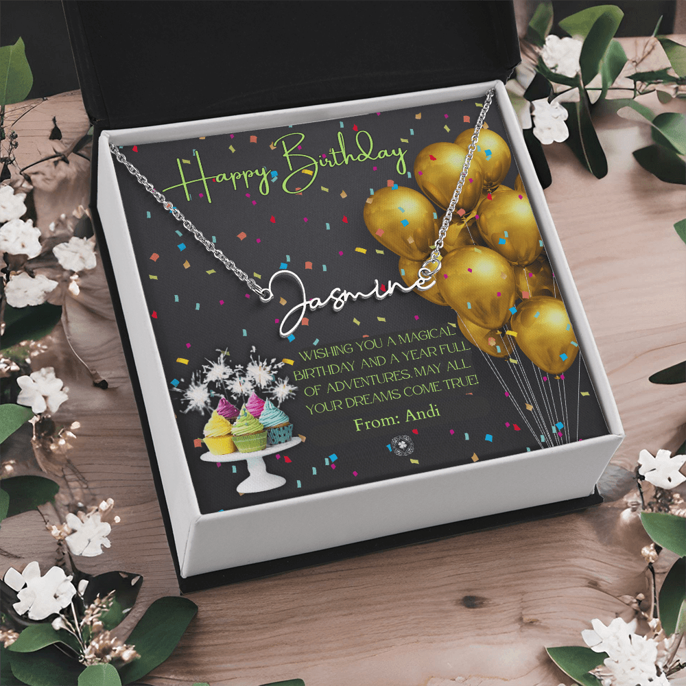 Custom Horizontal Signature Name Necklace: Magical Happy Birthday Jewelry Polished Silver Steel Two Tone Box The Silver Clover & Co.