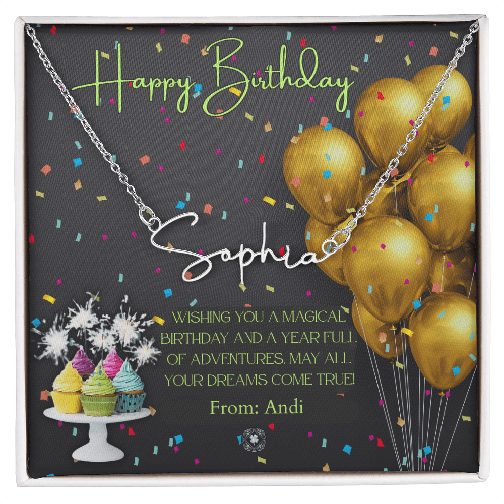 Custom Horizontal Signature Name Necklace: Magical Happy Birthday Jewelry Polished Silver Steel Two Tone Box The Silver Clover & Co.