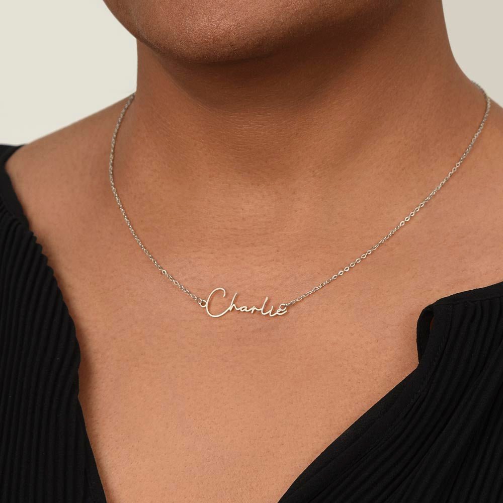 Custom Horizontal Signature Name Necklace: Magical Happy Birthday Jewelry Polished Silver Steel Two Tone Box The Silver Clover & Co.