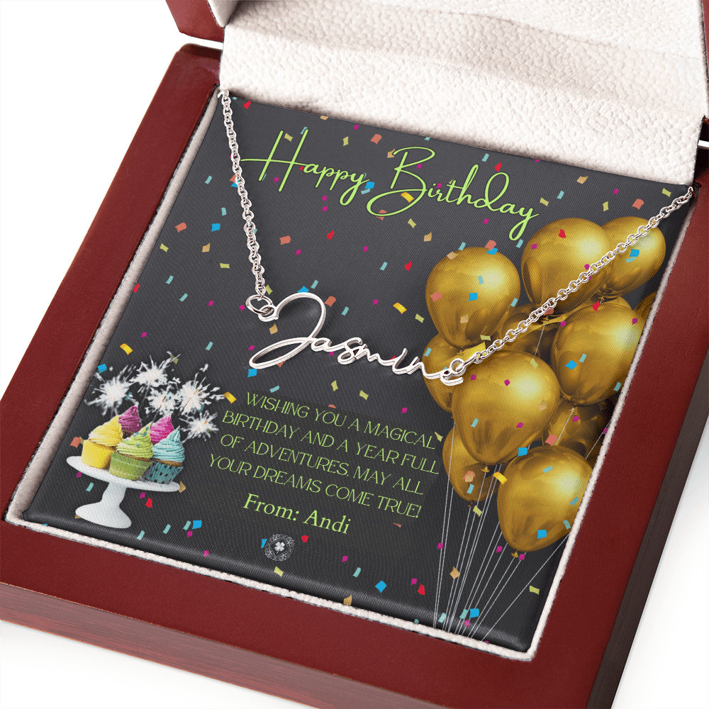 Custom Horizontal Signature Name Necklace: Magical Happy Birthday Jewelry Polished Silver Steel Mahogany Style Luxury Box with LED The Silver Clover & Co.