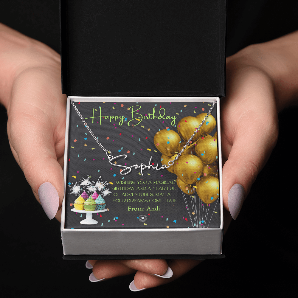 Custom Horizontal Signature Name Necklace: Magical Happy Birthday Jewelry Polished Silver Steel Two Tone Box The Silver Clover & Co.