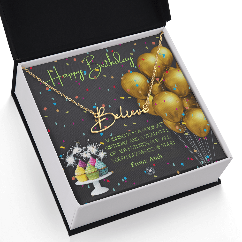 Custom Horizontal Signature Name Necklace: Magical Happy Birthday Jewelry 18k Yellow Gold Two Tone Box The Silver Clover & Co.