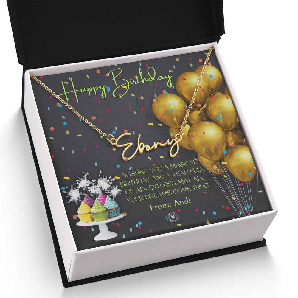 Custom Horizontal Signature Name Necklace: Magical Happy Birthday Jewelry 18k Yellow Gold Two Tone Box The Silver Clover & Co.