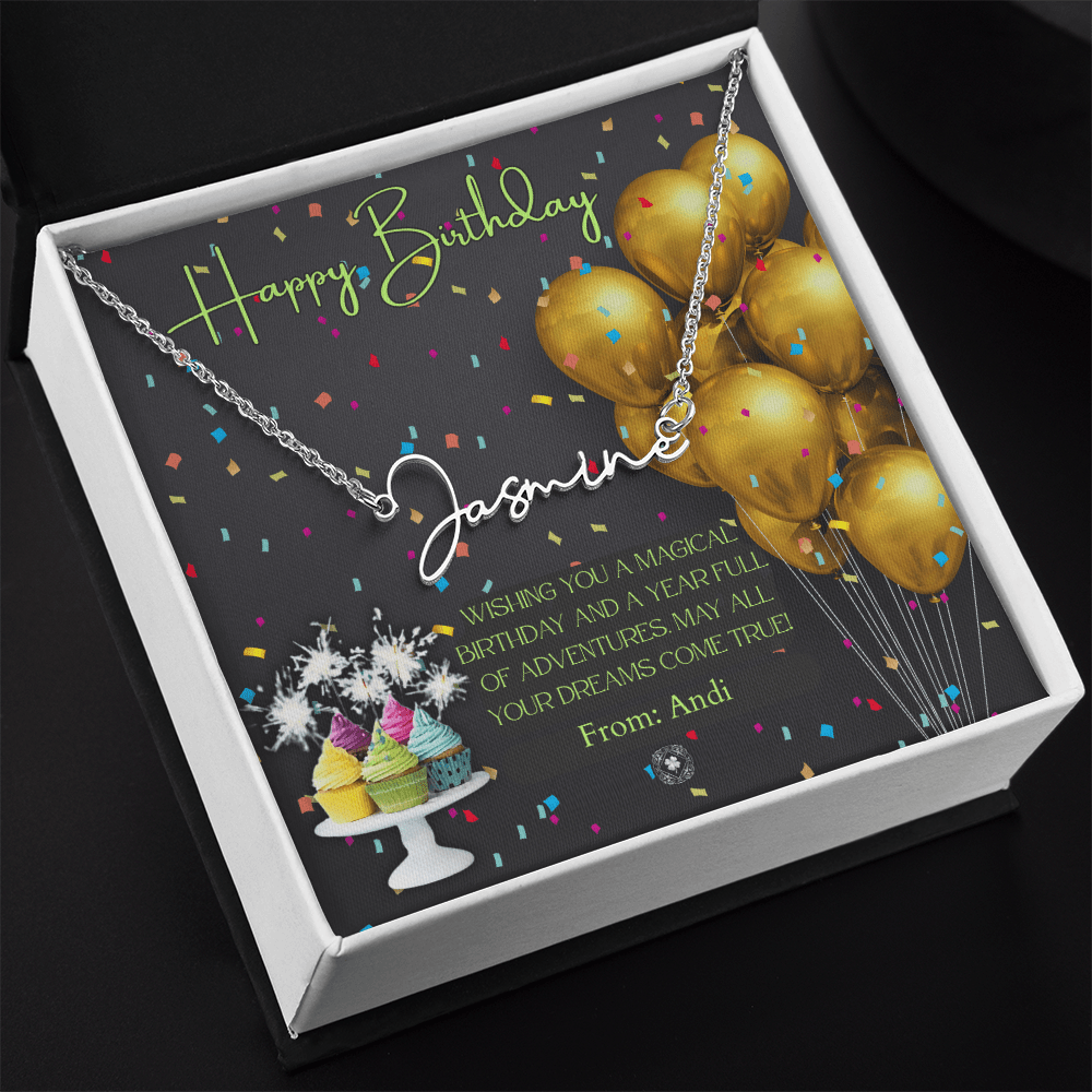 Custom Horizontal Signature Name Necklace: Magical Happy Birthday Jewelry Polished Silver Steel Two Tone Box The Silver Clover & Co.