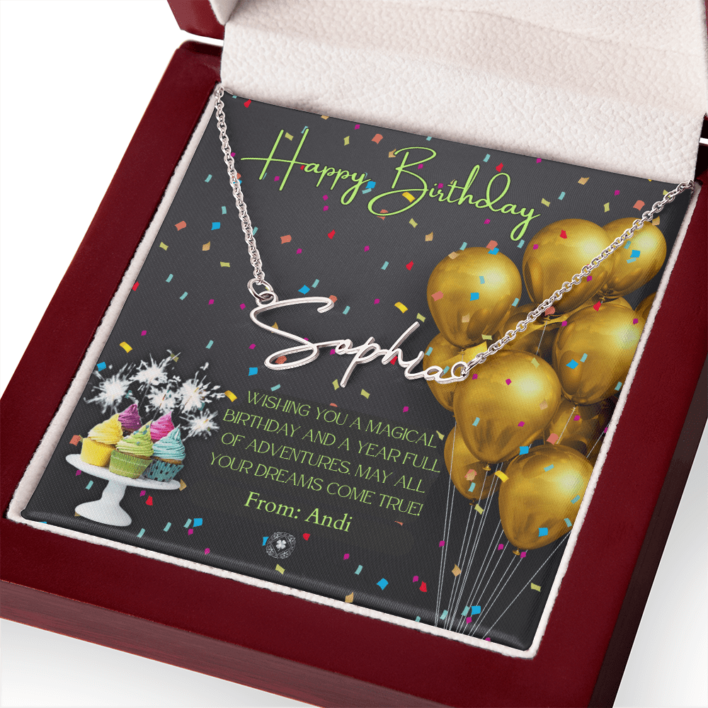 Custom Horizontal Signature Name Necklace: Magical Happy Birthday Jewelry Polished Silver Steel Mahogany Style Luxury Box with LED The Silver Clover & Co.